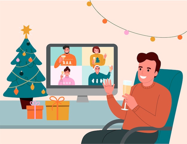 Christmas holiday Video conference of  people with wine glasses Vector flat  illustration