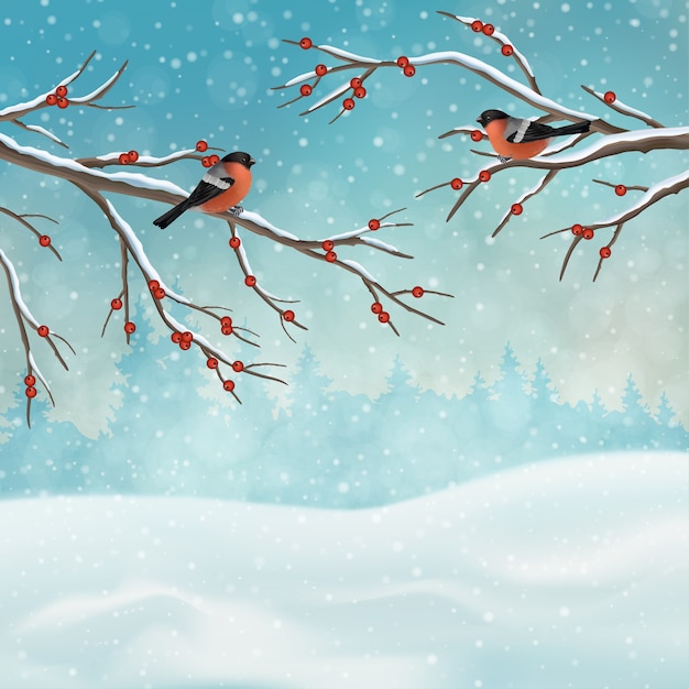 Christmas holiday winter landscape with tree branches and birds