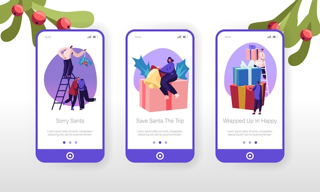 Vector christmas holidays celebration mobile app page onboard screen set.