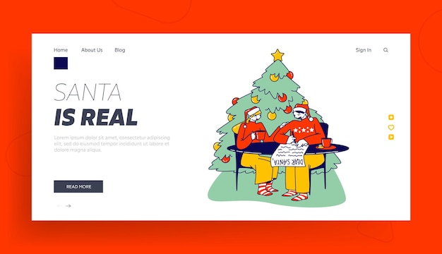 Christmas Holidays Festive Season Tradition, Landing Page Template. Young Couple Characters Writing Letter to Santa Claus Sitting in Room with Decorated Fir Tree. Linear People Vector Illustration