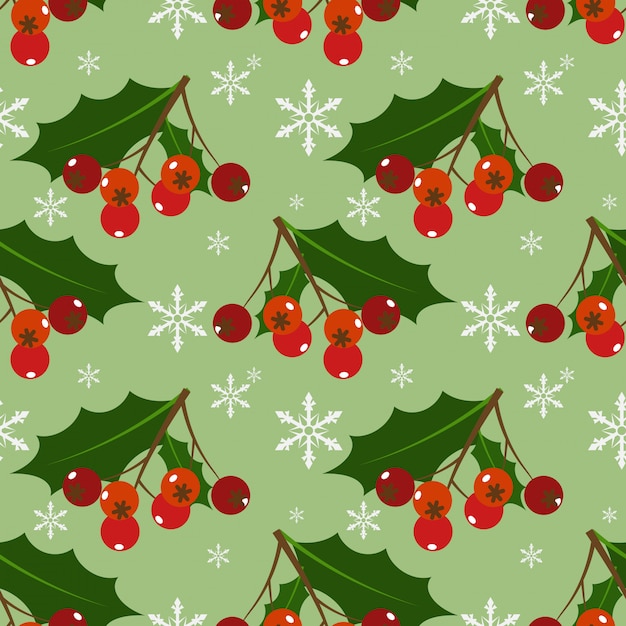 Christmas holly leaves and berries ornate seamless pattern.