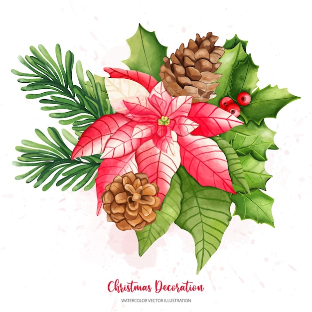 Christmas Holly Poinsettia pine cone set Digital paint watercolor illustrationxDxA