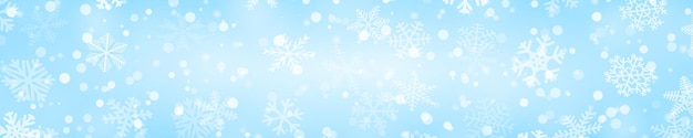 Christmas horizontal banner of snowflakes of different shapes sizes and transparency in light blue colors