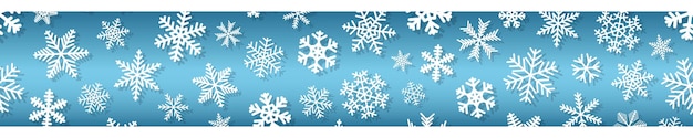 Christmas horizontal seamless banner of snowflakes of different shapes and sizes with shadows. White on light blue.