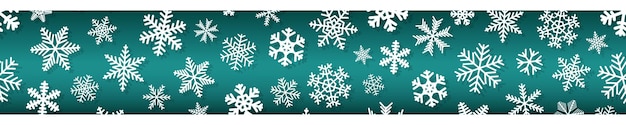 Christmas horizontal seamless banner of snowflakes of different shapes and sizes with shadows. White on turquoise.