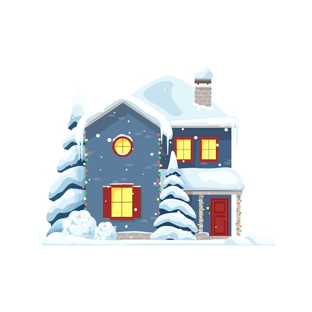 Vector christmas house facade in snow for winter holiday