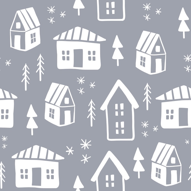 Christmas houses seamless pattern in doodle style