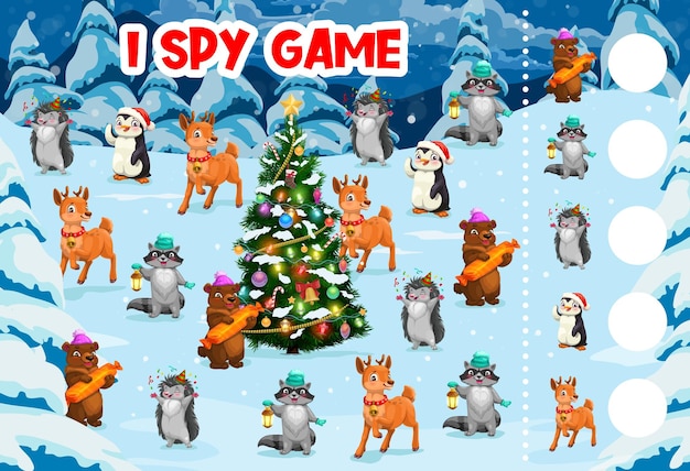 Christmas I spy game cartoon animals on holiday