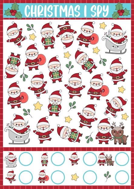 Christmas I spy game for kids Searching and counting activity with cute kawaii holiday symbols Winter printable worksheet for preschool children Simple New Year spotting puzzle with Santa Claus