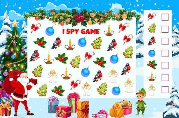 Vector christmas i spy game worksheet cartoon kids vector riddle page with santa and elf characters math puzzle for children count how many candy canes cookies bullfinches baubles poinsettia or angels