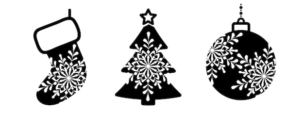 Christmas icon set black filled design vector elements christmas tree stocking ball stencil holiday decoration