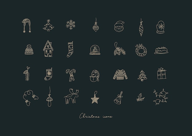 Christmas icons drawing in hand sketch style on dark background