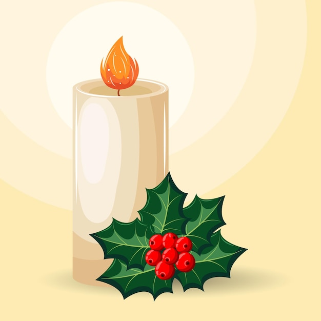 Christmas illustration, burning candle, holly and red berries. Postcard, background, vector