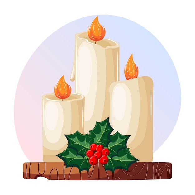 Christmas illustration, burning candles, holly and red berries on a wooden stand. Postcard