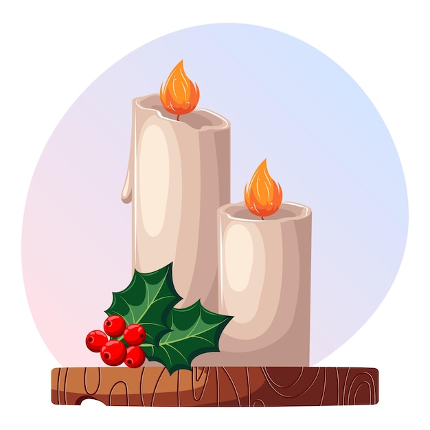 Christmas illustration, burning candles, holly and red berries on a wooden stand. Postcard