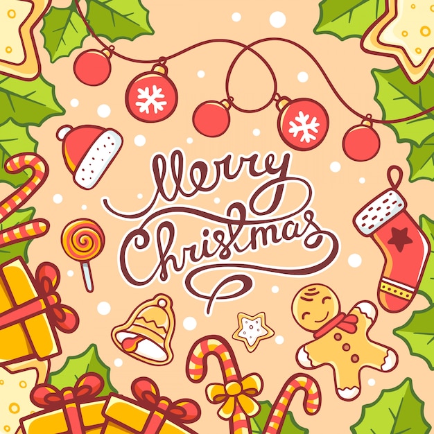 christmas illustration of red and green objects and hand written text 