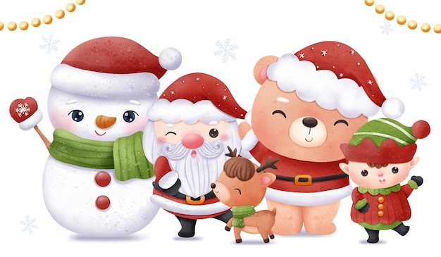 Christmas Illustration Santa and friends