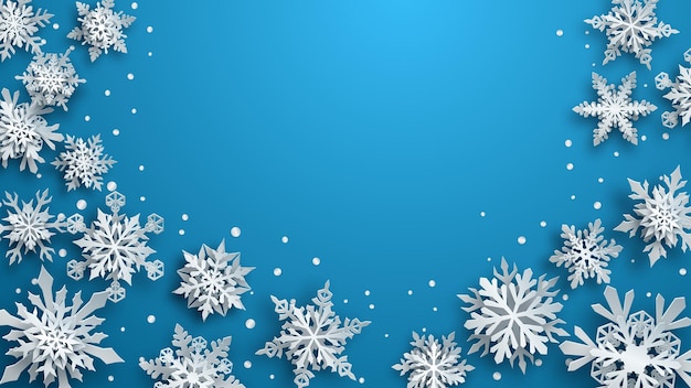 Christmas illustration of white complex paper snowflakes with soft shadows on light blue background