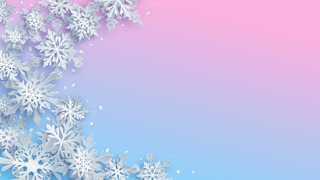 Christmas illustration of white complex paper snowflakes with soft shadows on light blue and pink background