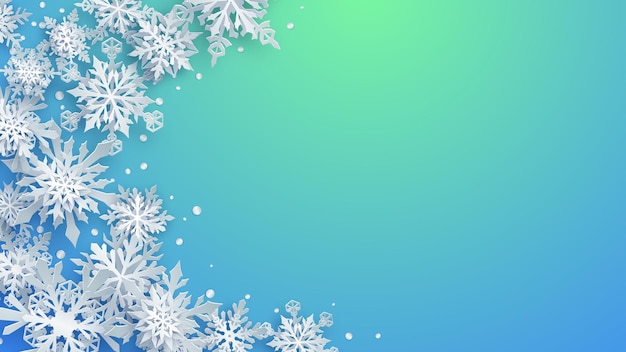 Christmas illustration of white complex paper snowflakes with soft shadows on light blue and turquoise background