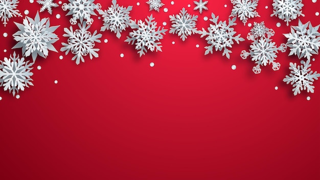 Christmas illustration of white complex paper snowflakes with soft shadows on red background