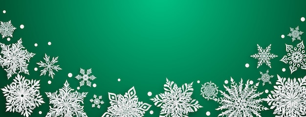 Christmas illustration with beautiful complex paper snowflakes white on green background