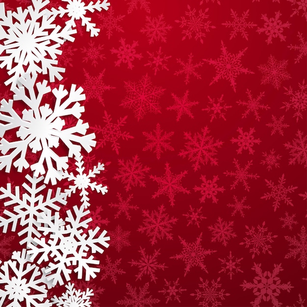 Christmas illustration with big white snowflakes with shadows on red background