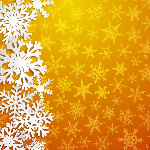 Christmas illustration with big white snowflakes with shadows on yellow background