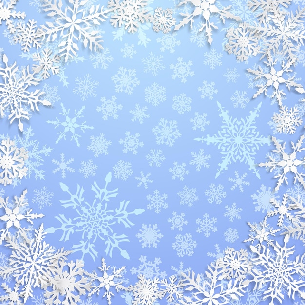 Christmas illustration with circle frame of big white snowflakes with shadows on light blue background