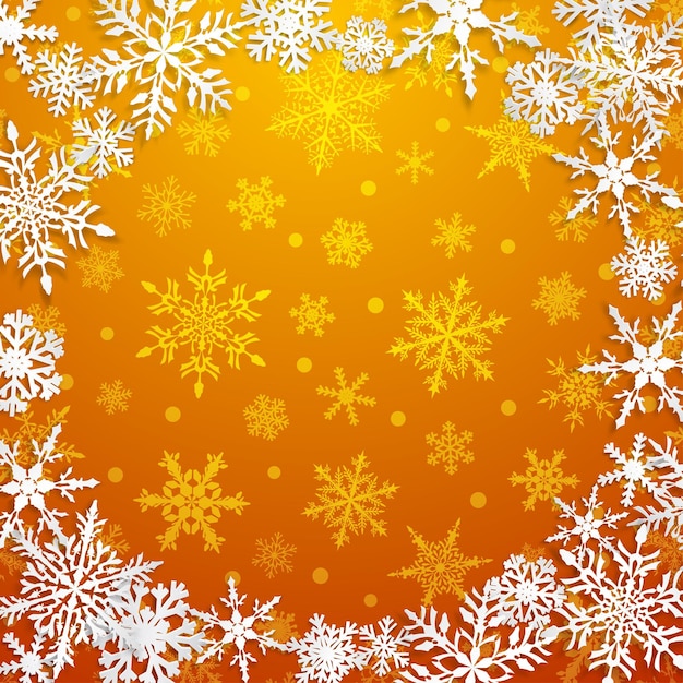 Christmas illustration with circle frame of big white snowflakes with shadows on yellow background