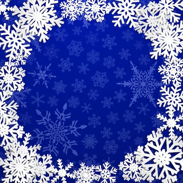 Christmas illustration with circle frame of white snowflakes on blue background