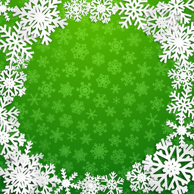 Christmas illustration with circle frame of white snowflakes on green background