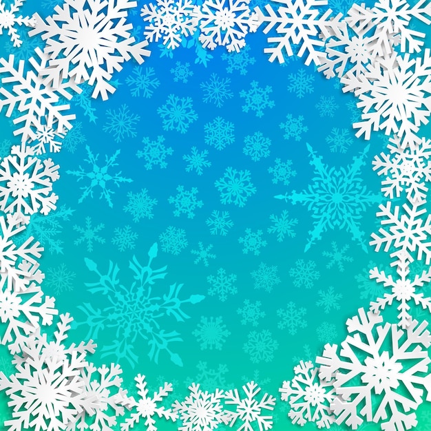 Christmas illustration with circle frame of white snowflakes on light blue background