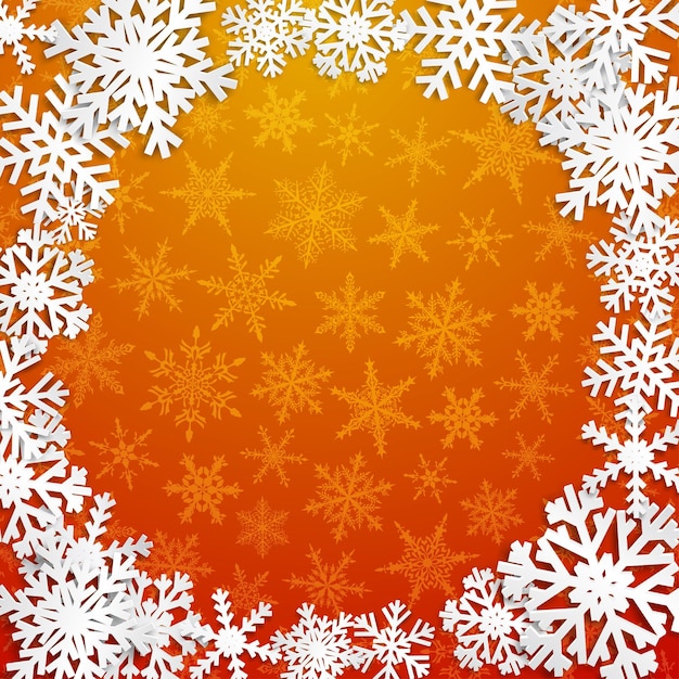 Christmas illustration with circle frame of white snowflakes on orange background