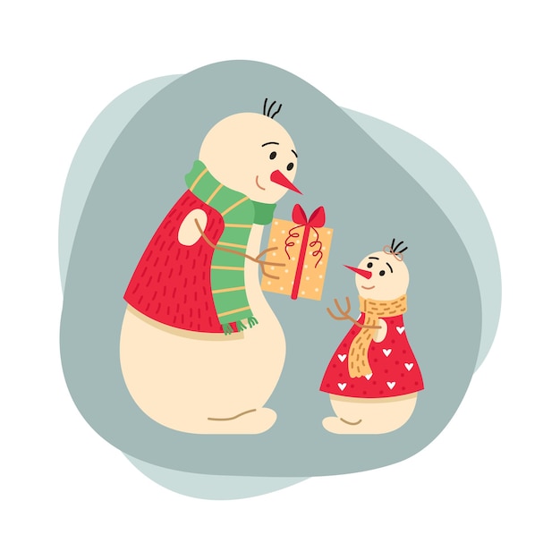 Christmas illustration with a family of snowmen. Dad gives his daughter a gift. New year greeting card.