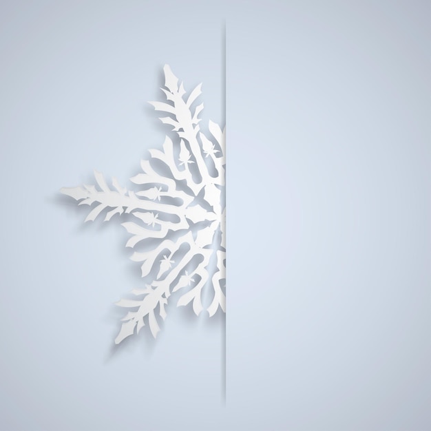 Christmas illustration with one white big snowflake which protrudes from the cut on a light blue background