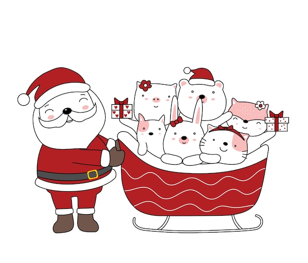 Christmas illustration with santa claus and cute baby animal with santa car Hand drawn cartoon style