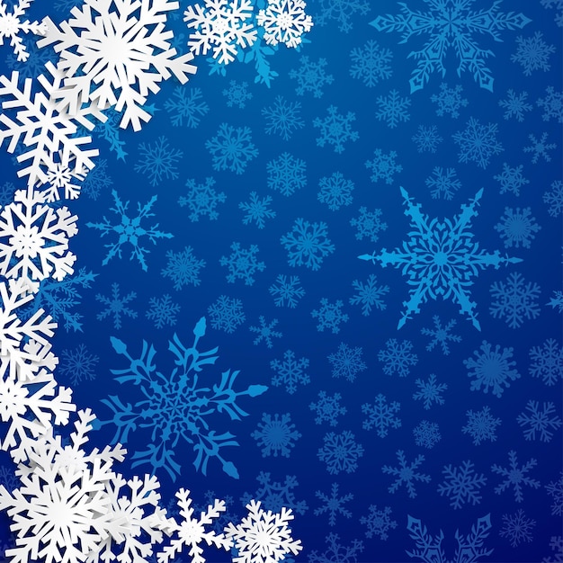 Christmas illustration with semicircle of big white snowflakes with shadows on blue background