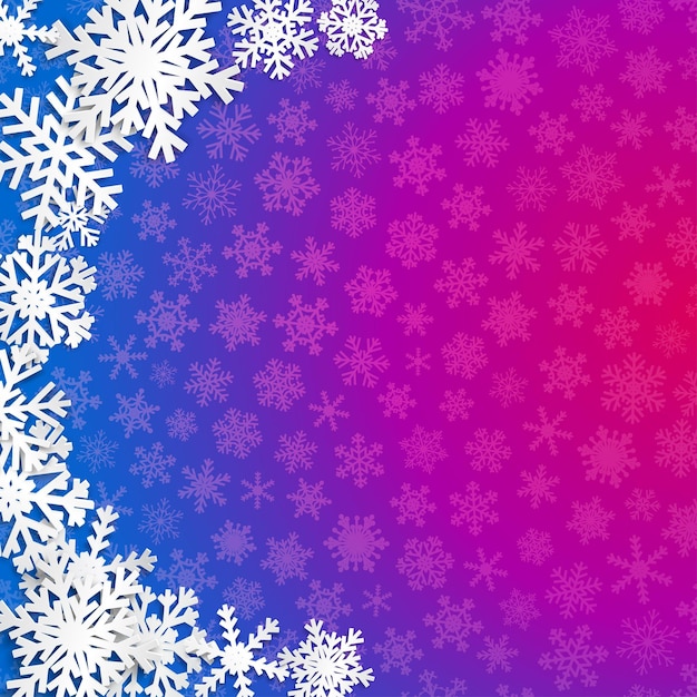 Christmas illustration with semicircle of big white snowflakes with shadows on blue and purple background