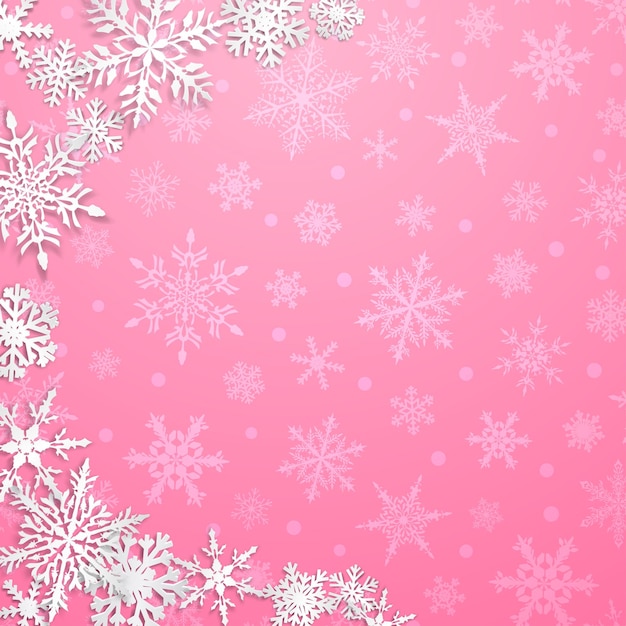 Christmas illustration with semicircle of big white snowflakes with shadows on pink background