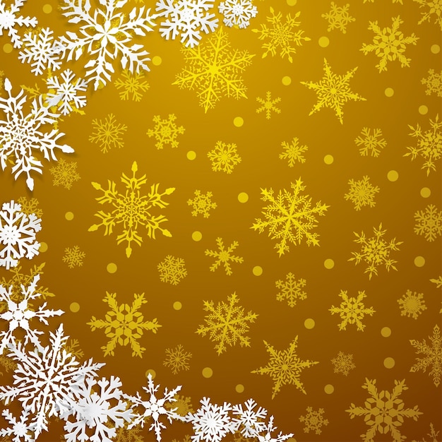 Christmas illustration with semicircle of big white snowflakes with shadows on yellow background