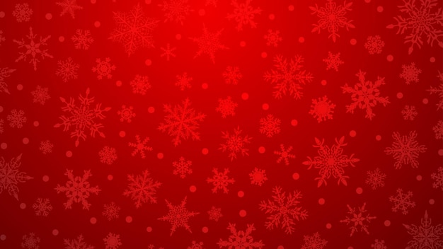 Christmas illustration with various small snowflakes on gradient background in red colors