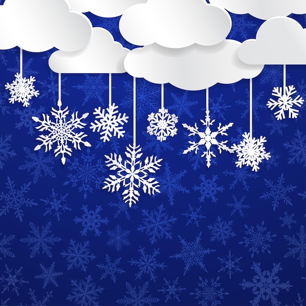 Christmas illustration with white clouds and snowflakes hanging on blue background