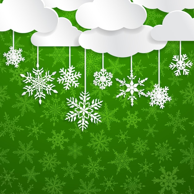 Christmas illustration with white clouds and snowflakes hanging on green background