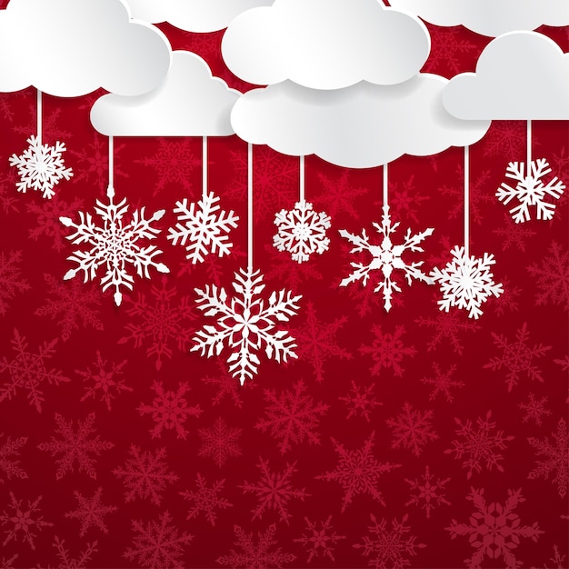 Christmas illustration with white clouds and snowflakes hanging on red background