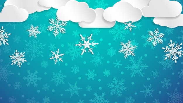 Christmas illustration with white clouds and snowflakes on light blue background