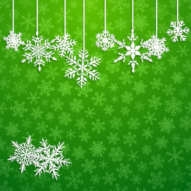 Christmas illustration with white hanging snowflakes on green background