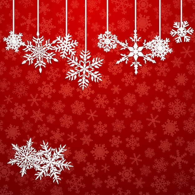 Christmas illustration with white hanging snowflakes on red background