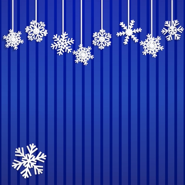 Christmas illustration with white hanging snowflakes on striped blue background