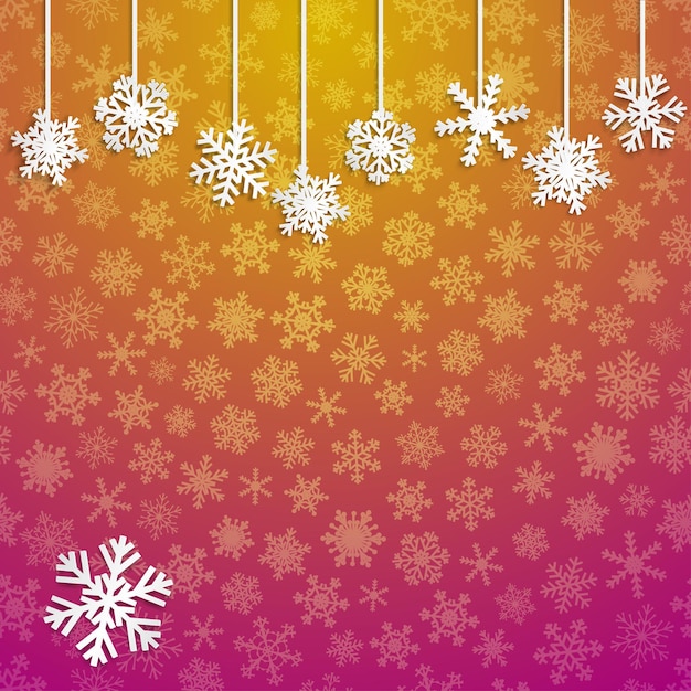 Christmas illustration with white hanging snowflakes on yellow and purple background